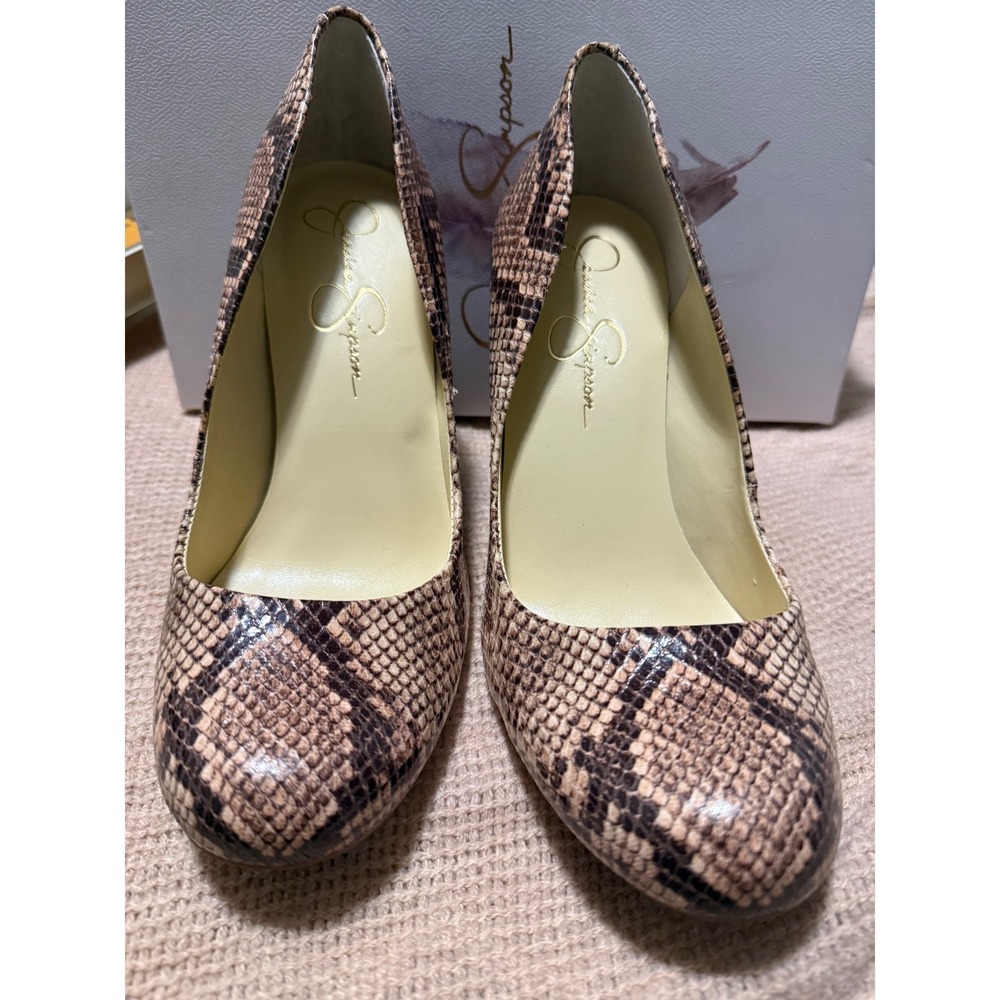 Jessica Simpson Snakeskin Print Almond Toe Stiletto Pumps Tan Brown 9M - Picture 2 of 5
